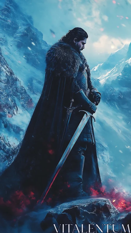 Snowbound swordsman weighs firelit fate on a frozen cliff