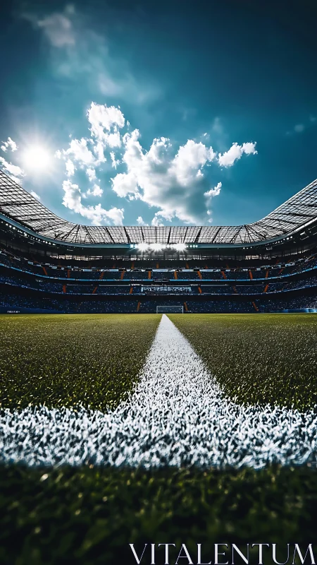 Football stadium pitch line under dramatic blue sky.