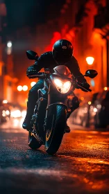 Midnight rider carves molten light through the wet city