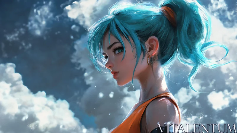 Skyward gaze follows a blue haired girl beneath bright clouds