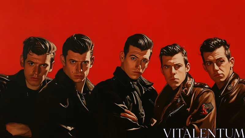 Five leather‑clad men aligned against saturated red backdrop