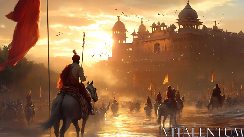 Sunlit riders approaching a grand golden palace at dusk.