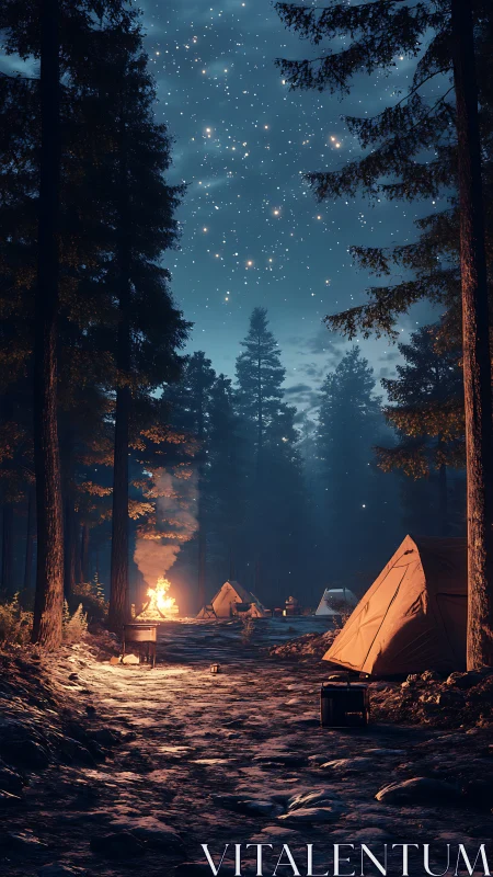 Nocturnal Forest Encampment: Luminescent Starfield with Warm Firelight