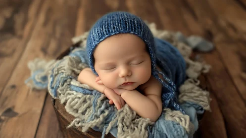 Sleeping newborn baby wearing blue knit hat and bedding