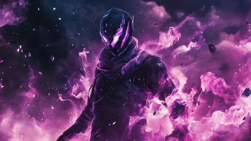 Shadow warrior emerges from swirling violet energy storm
