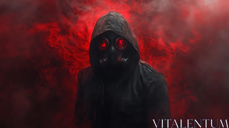 Hooded figure in gas mask against red smoky background.