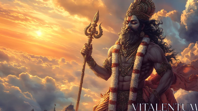 Sunlit sky guardian strides through clouds with sacred trident