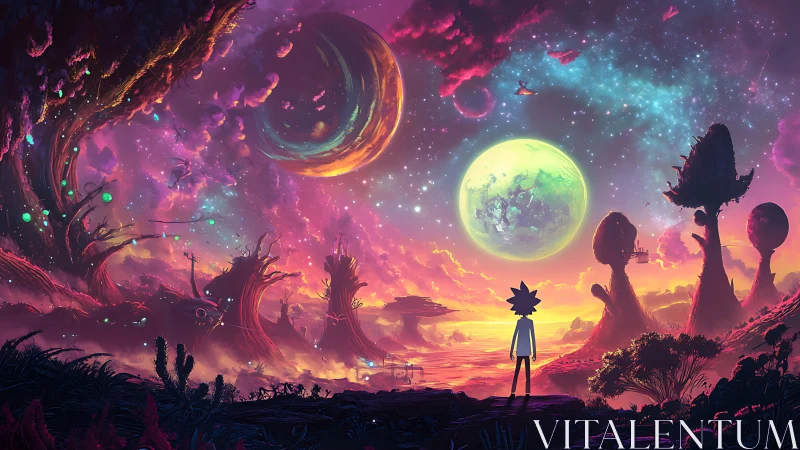 Silhouetted figure observing multicolored alien planetary sky.