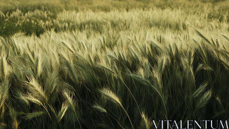 Sunlit barley field waves under soft golden evening breeze.