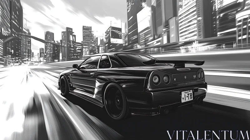 Black sports car accelerates through high rise city streets