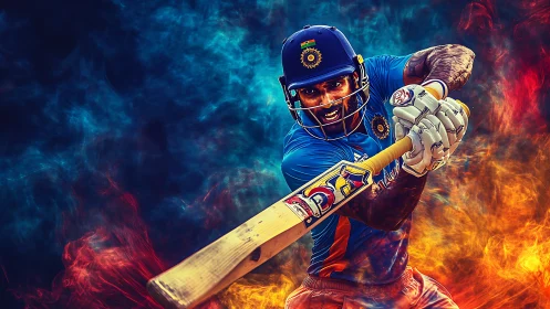 Blazing cricket warrior carves a shot through molten twilight