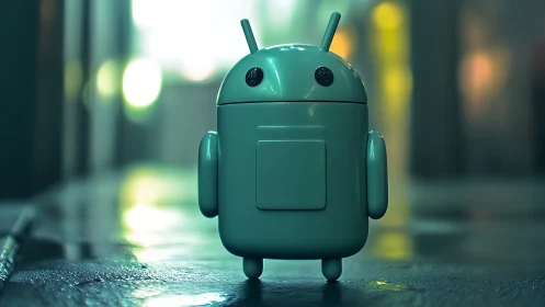 Cylindrical teal android figurine on wet urban pavement at night.
