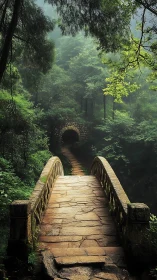 Stone footbridge leading to tunnel in dense forest setting.