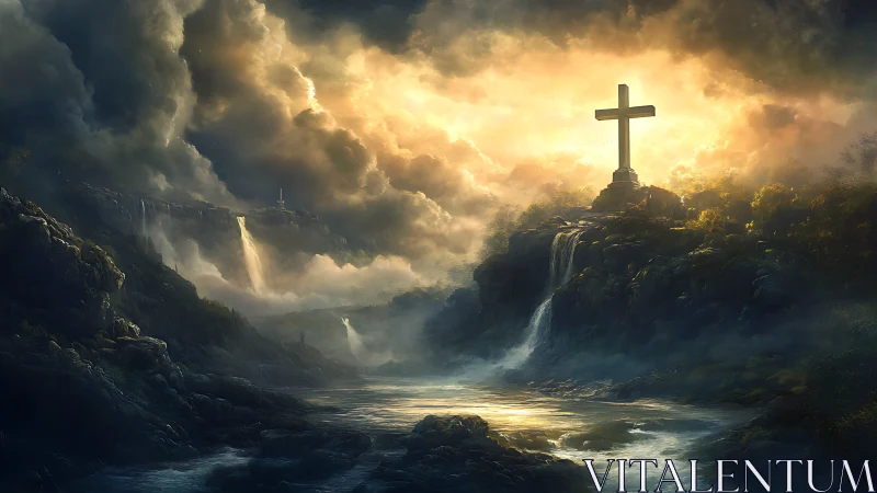 Luminous stone cross above waterfalls in stormlit valley.