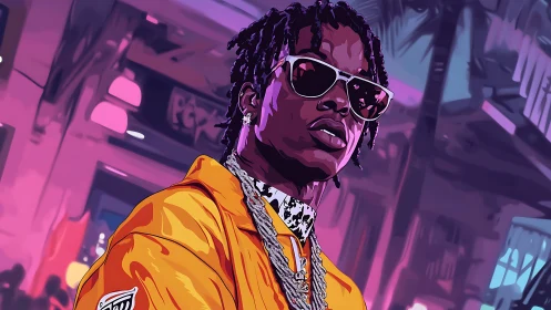 Stylized portrait of man in sunglasses and chains.