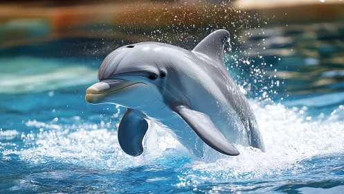Bottlenose dolphin bursts upward through bright blue pool water.