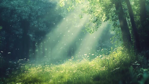 Sunlit forest clearing with drifting motes and wildflowers.