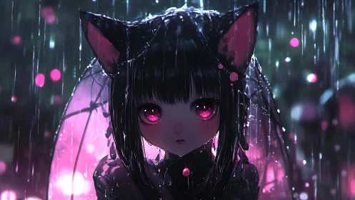 Rainlit neon catgirl stares through midnight-pink dreams.