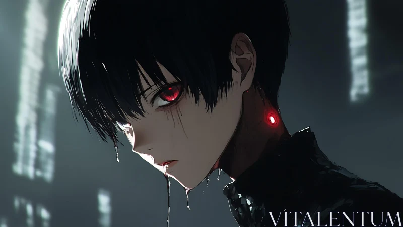 Cybernetic youth with glowing neck port and bleeding eyes.