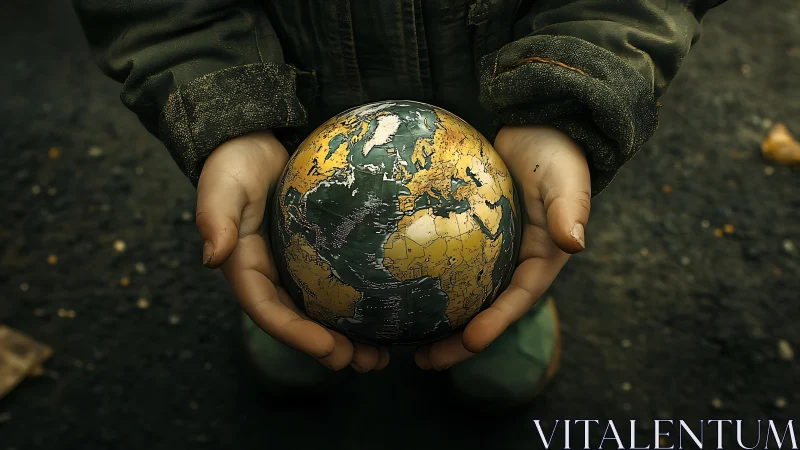 Child’s dirty hands securely hold a small detailed globe