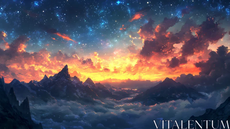Mountain range under vivid cosmic sunset sky panorama.