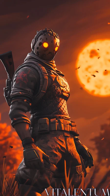 Masked armored soldier stands in orange backlit battlefield