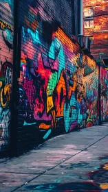 Neon graffiti colors surge along an urban alley wall at dusk.