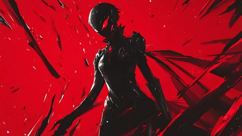 Silhouetted cybernetic warrior cuts through abstract crimson void