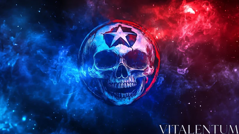 Bilateral neon skull emblem suspended in red blue volumetric nebula
