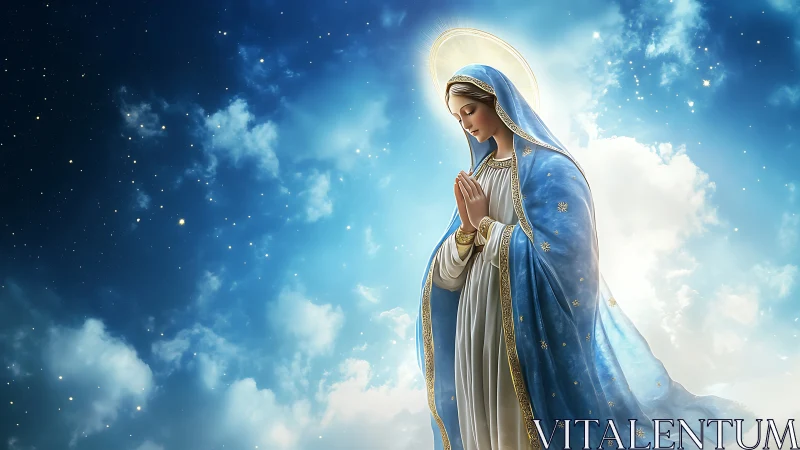 Gentle blue robed figure in prayer among glowing clouds.