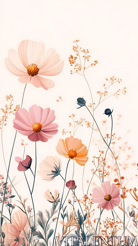 Delicate Cosmos Flowers in Soft Pastel Botanical Composition