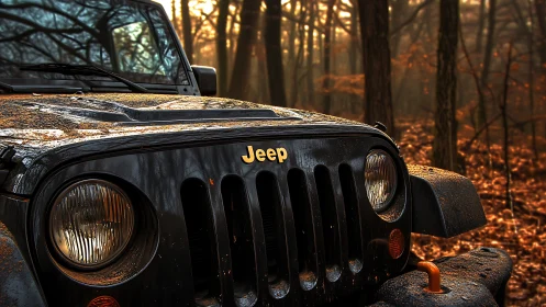 Mud-splattered Jeep nose nudges into a misty autumn forest glow