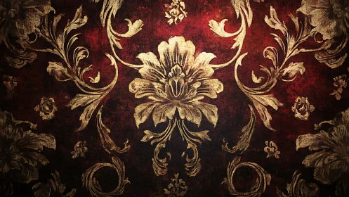 Baroque floral damask glows over distressed crimson ground