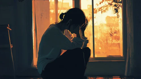 Solitary girl in sunset-lit room, quiet reflective mood.