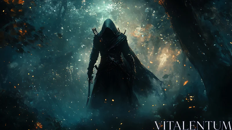 Hooded forest assassin emerges from glowing misty shadows.