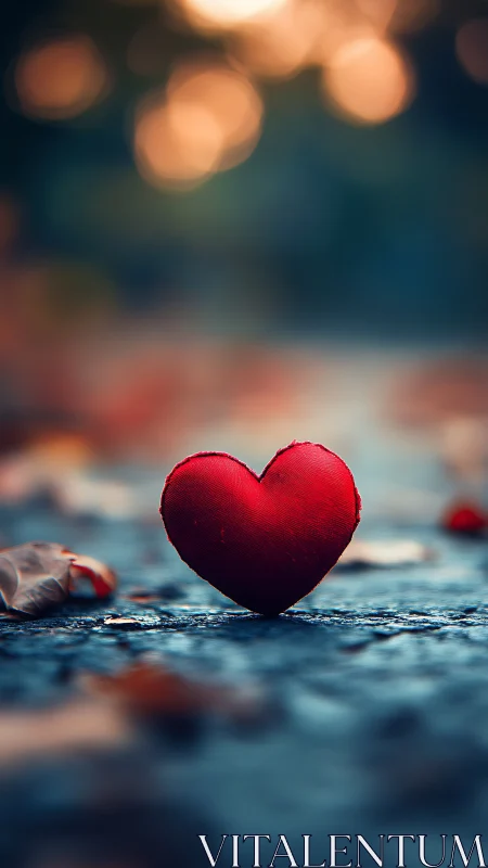 Red heart on wet surface with blurred golden lights