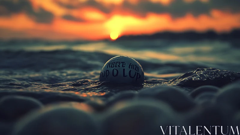 Sunset tide sphere emerging through moody coastal surf.