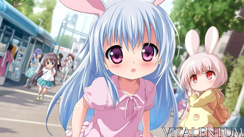 Bunny-eared child in urban anime streetscape, depth-focused.