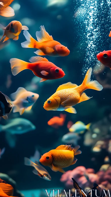 Goldfish swimming in dense aquarium with rising bubbles.