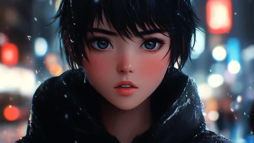 Close-up anime-style portrait shows girl in night city