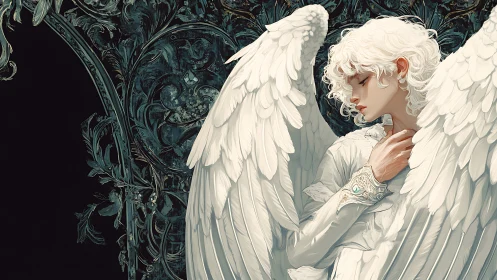 Baroque-inspired white winged angelic figure in side profile