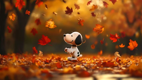 Cartoon beagle enjoys swirling autumn leaves in warm light.