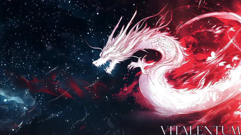 Celestial white dragon spiraling through crimson nebula.