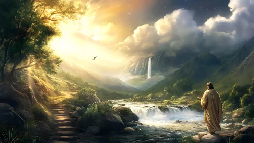 Sunlit wanderer listens as the river translates the heavens