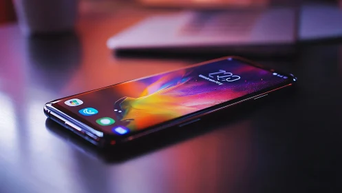 Modern smartphone displaying vibrant gradient wallpaper on reflective surface.