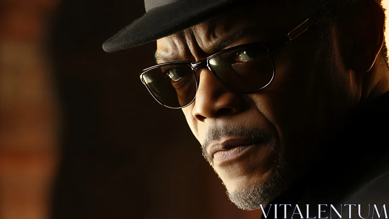 Man in glasses and hat lit from side casts intense glance
