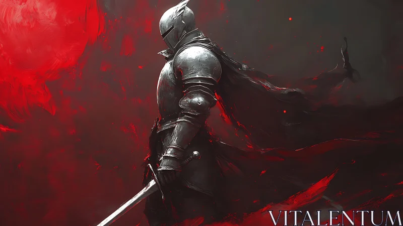 Armored knight holds sword amid swirling red storm