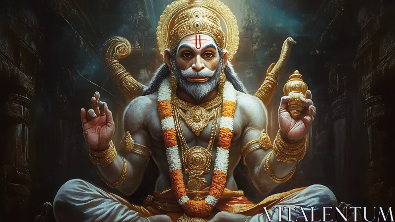 Seated four-armed deity with garland and mace in temple interior.