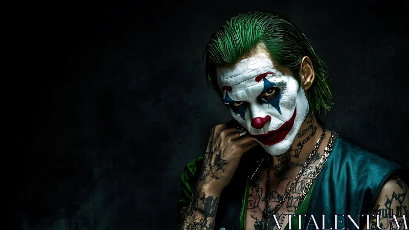 Ink scarred clown prince broods in shadowed neon gloom.