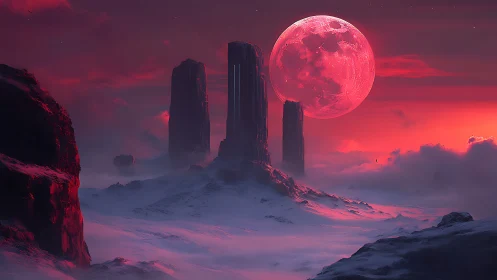 Crimson moonrise over silent ice monoliths in alien dusk.